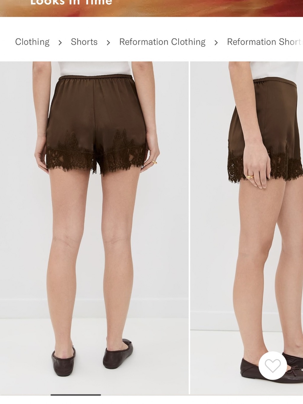 Reformation Brown Satin High-Waist Lace-Trim Shorts